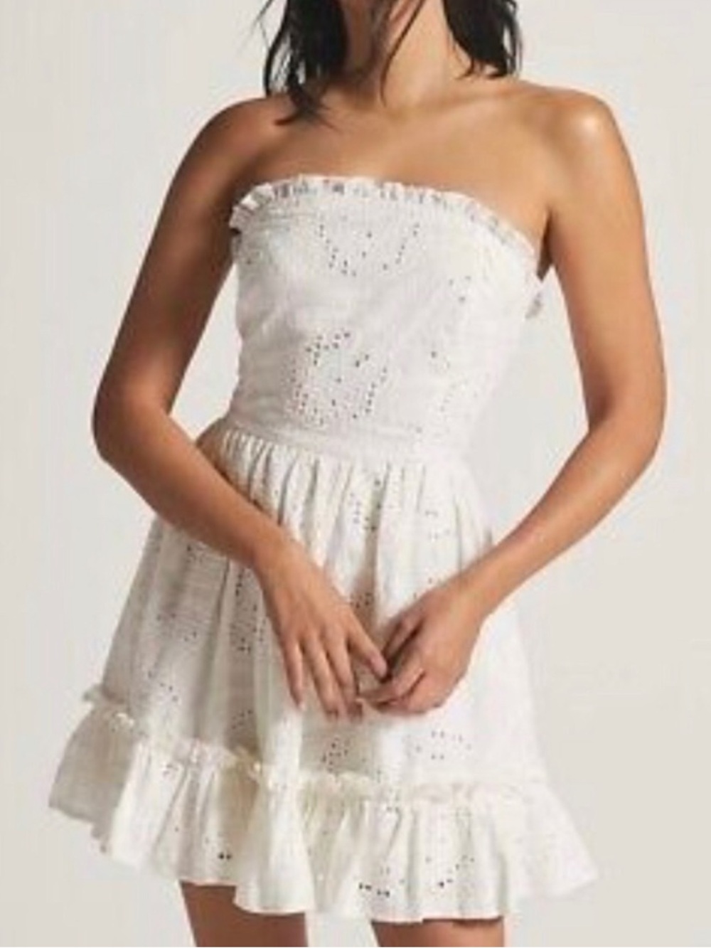 Anthropologie White Strapless Eyelet Ruffle Mini Dress